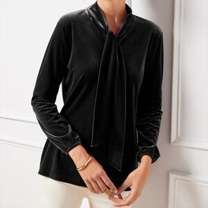 TALBOTS Black Velvet Tie Detail Neck Blouson Long Sleeve Top Sz S $89